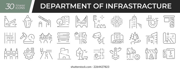 Conjunto de iconos lineales del departamento de infraestructura. Colección de 30 iconos en negro