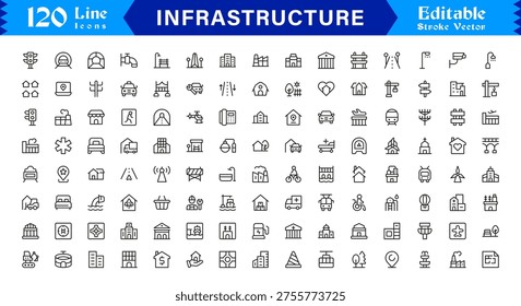 Infrastructure Development Line Icon Set – Modern, Minimal, and Professional Construction and Utilities Symbol Collection