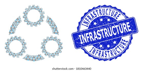 Infrastructure dirty round seal and vector fractal collage gear planetary transmission. Blue seal contains Infrastructure caption inside round shape.