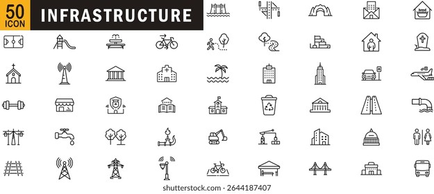 Conjunto de ícones da estrutura de tópicos editável da infraestrutura. Planejamento urbano construção de estradas arquitetura de serviço público e muito mais.
