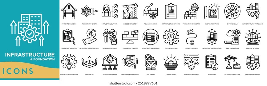 Ícone Infraestrutura e Fundação. Construção de fundações, estrutura resiliente, suporte estrutural, construção de base e reparação de fundações