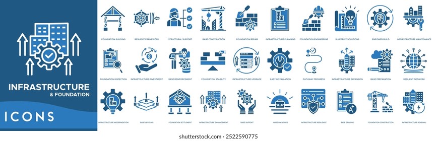 Ícone Infraestrutura e Fundação. Construção de fundações, estrutura resiliente, suporte estrutural, construção de base e reparação de fundações