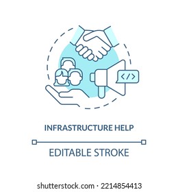 Infrastructure help turquoise concept icon. Workforce. Benefit of alternative lending abstract idea thin line illustration. Isolated outline drawing. Editable stroke. Arial, Myriad Pro-Bold fonts used