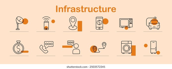 Infrastructure icon. Satellite, smartphone, location, mobile payment, washing machine, fridge, taxi, communication, GPS, appliance, tracking, network, technology, logistics, smart home, transportation