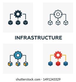 Infrastructure icon set. Four elements in different styles from community icons collection. Creative infrastructure icons filled, outline, colored and flat symbols.