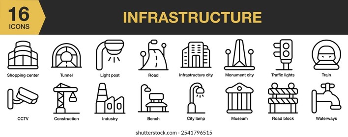 Conjunto de iconos de infraestructura. Incluye banco, cctv, lámpara de ciudad, construcción, industria, infraestructura, ciudad y más. Colección de Vector de iconos de contorno.