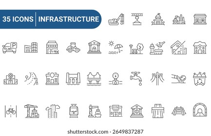 Ícone de infraestrutura definido no estilo de linha ou estrutura de tópicos. Inclui ponte, edifício, ferrovia, estrada e muito mais. Coleção de ícones de tópicos. Traçado editável. Ilustração vetorial