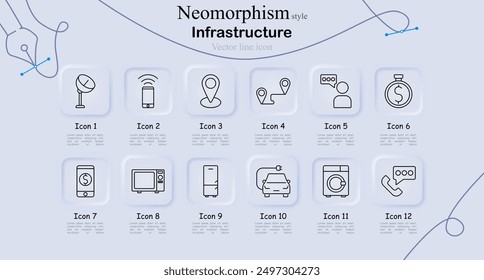 Conjunto de iconos de infraestructura en estilo neomorfismo. Antena parabólica, teléfono inteligente, pin de ubicación, ruta, usuario, cronómetro, pago, microondas, nevera, coche eléctrico, lavadora, teléfono, arte de línea de Vector