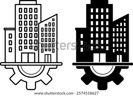 Infrastructure Icons. Black and White Vector Illustrations. High Rise Buildings and Gear. Buildings and City. Society Sector Concept