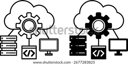 IT Infrastructure Icons. Black and White Vector Illustrations. Cloud, Database, Computer, and Website Development. Complex of Hardware and Software, Networks, and Technologies. Information Technology