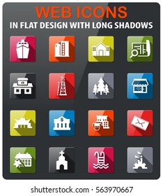 infrastructure icons set in flat design with long shadow