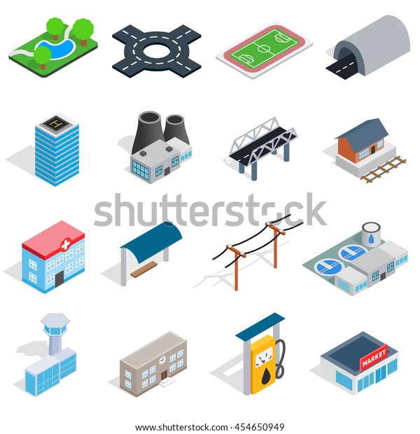 Infrastructure icons set in isometric\
3d style. City set collection isolated vector\
illustration