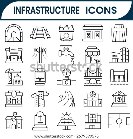 Infrastructure icons vector set. Public Infrastructure line icon symbol, like City, transport, road, mall, airport, police. Vector illustration.