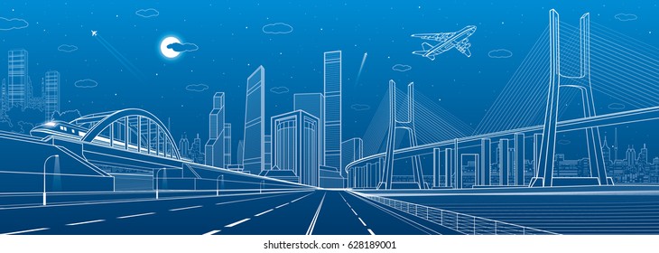 Infrastructure illustration. Large cable-stayed bridge. Train move on the bridge. Airplane fly. Night modern city on background, towers and skyscrapers, vector design art 
