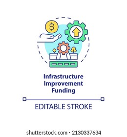 Infrastructure improvement funding concept icon. Helping program for startup growth abstract idea thin line illustration. Isolated outline drawing. Editable stroke. Arial, Myriad Pro-Bold fonts used