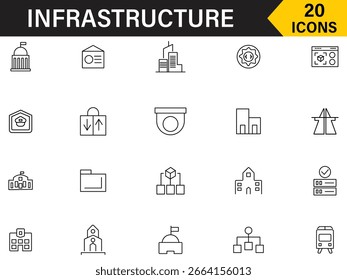 Infrastructure line icon set. Set of 20 icons related to airport, police, technology, way, car, transport, road and more outline symbol. Infrastructure icon set in line style. Vector illustration.