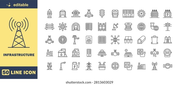 Infrastructure Line Icon Set - Editable Stroke Outline Vector Icons for Energy, Utilities, Industrial Systems and Smart Infrastructure