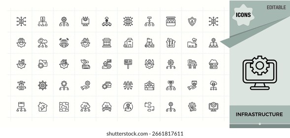 Conjunto de ícones da linha de infraestrutura. Ícones para designs de interface do usuário. Contém símbolos de estrutura de tópicos como engenharia, urbano, transporte, construção. Arte e ilustração. Conjunto de ícones de construção.