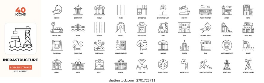 Conjunto de iconos de línea de infraestructura: desarrollo Urbana, servicios públicos, servicios públicos, Transporte, trazo editable.