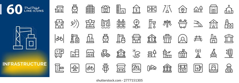 Infrastructure line icon set. Urban development, city planning, industrial and construction architecture outline icon collection. Editable vector stroke