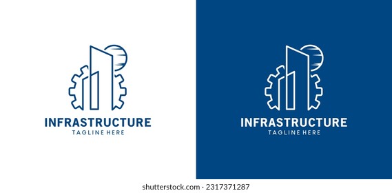 Infrastructure logo design with gear vector illustration and minimalist building