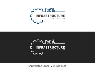 Infrastructure logo design template with creative gear and building vector illustration