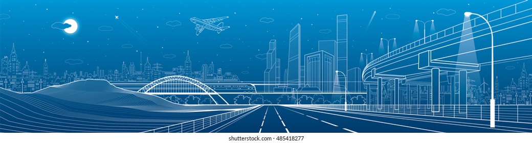 Infrastructure panorama. Car overpass, city skyline, urban scene, plane takes off, train move, transport illustration, mountains, white lines on blue background, vector design art