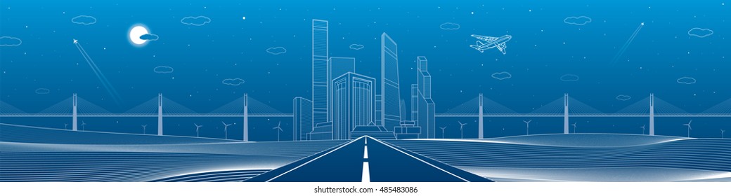 Infrastructure panorama. Highway. Big bridge, business center, architecture and urban illustration, neon city, white lines composition on blue background, skyscrapers and towers, vector design art