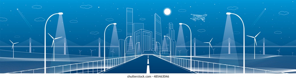Infrastructure panorama. Highway. Road lighting lanterns. Business center, architecture and urban illustration, neon city, white lines composition, skyscrapers and towers, vector design art