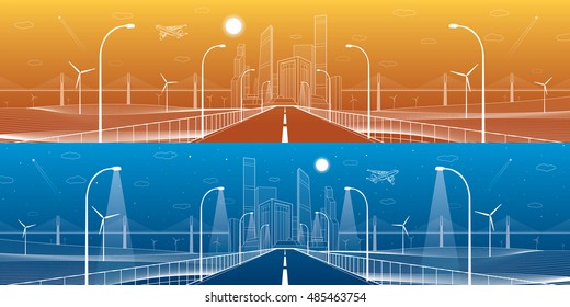 Infrastructure panorama. Highway. Road lighting lanterns. Business center, architecture and urban illustration, neon city, white lines composition, skyscrapers and towers, vector design art