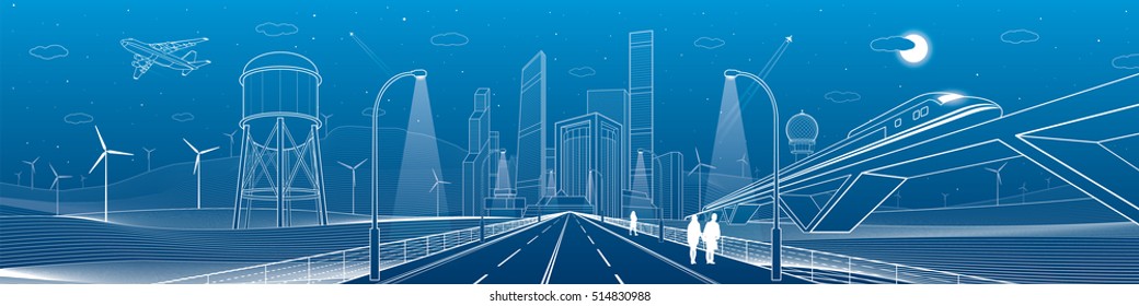 Infrastructure panorama. Highway, train traveling on bridges, business center, architecture and urban, neon city, wind turbines, water tower,  white lines, dynamic composition, vector design art