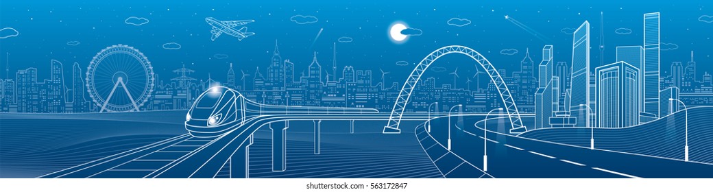 Infrastructure panorama. Highway under the bridge. Train rides. Night neon city on background, business buildings, towers and skyscrapers on skyline, airplane fly, urban scene, vector design art