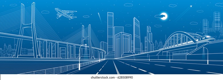 Infrastructure panorama. Large cable-stayed bridge. Train move on the bridge. Airplane fly. Night modern city on background, towers and skyscrapers, vector design art 