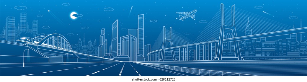 Infrastructure panorama. Large cable-stayed bridge. Train move on the bridge. Airplane fly. Empty highway. Night modern city on background, towers and skyscrapers, vector design art 