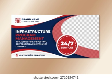 programa de infraestrutura fabrica design de página de aterrissagem no layout horizontal. combinação azul e vermelho no elemento com espaço para foto.