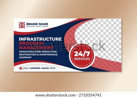 infrastructure program manufacture landing page design on horizontal layout. combination blue and red on element with space for photo.