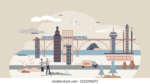 Infrastructure and public transportation city view tiny person concept. Modern and urban transport network with airport, metro and cars vector illustration. Government facilities and services skyline.