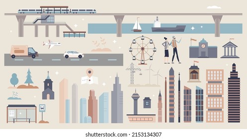 Infrastructure Set With Facilities And Transportation Elements Tiny Person Collection. Modern City Architecture And Building Items Vector Illustration. Road, Sea And Air Transport Mini Scenes Assets.