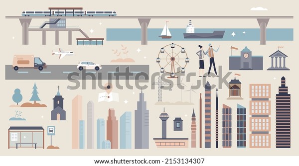 Infrastructure set with facilities and\
transportation elements tiny person collection. Modern city\
architecture and building items vector illustration. Road, sea and\
air transport mini scenes\
assets.