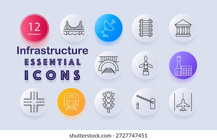 Symbol für Infrastruktursatz. Brücke, Antenne, Eisenbahn, Gerichtsgebäude, Tunnel, Turbine, Flughafen, Straßenkreuzung, Zug, Ampel, Schranke, Landung des Flugzeugs im skizzierten Stil gezeigt.