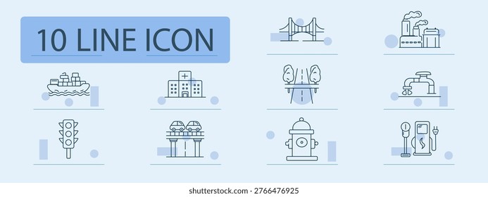 Infrastructure set icon. Bridge, factory, ship, hospital, road, pipe, trafficlight, overpass, hydrant, charging, city, transport, industry, utility, urban, service