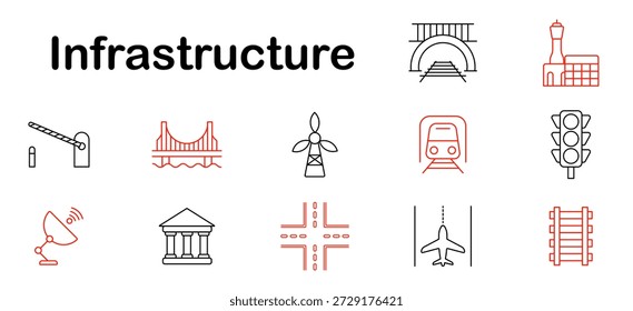 Ícone do conjunto de infraestrutura. Ponte, estrada, trem, túnel, turbina eólica, semáforo, encruzilhada, aeroporto, ferrovia, torre de controle, sinal, estrutura, rede.
