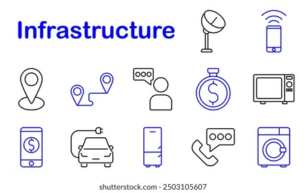 Icono de conjunto de infraestructura. Locación, mapa, chat, satelite, smartphone, route, microondas, cronómetro, dólar, refrigerador, coche eléctrico, teléfono, comunicación, red, tecnología,