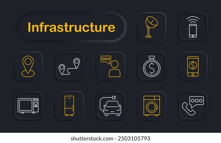 Icono de conjunto de infraestructura. Locación, vía, comunicación, vía satélite, móvil, temporizador, microondas, nevera, coche eléctrico, lavadora, GPS, aparato, tecnología, cartografía.