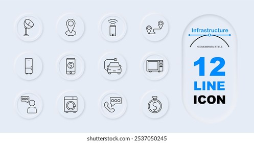 Ícone de conjunto de infraestrutura. Placa de satélite, pino de localização, smartphone com sinal, rota de navegação, geladeira, pagamento móvel, carro elétrico, micro-ondas, bate-papo pessoal, máquina de lavar roupa, telefonema, moeda.