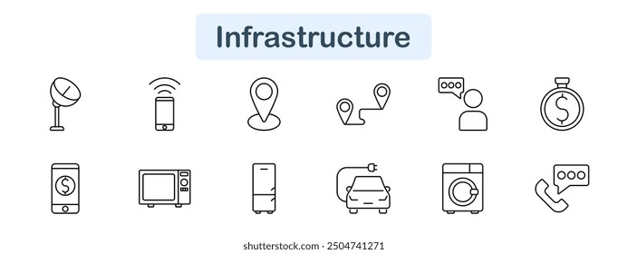 Icono de conjunto de infraestructura. Satélite, móvil, ubicación, recorrido, temporizador, teléfono inteligente, microondas, nevera, coche eléctrico, lavadora, teléfono, tecnología, red, en línea, conexión, Asistencia, hogar, electrodoméstico, servicio.