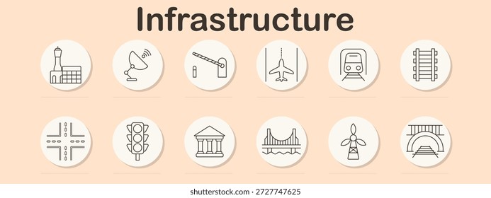 Ícone de conjunto de infraestrutura. Torre, antena, barreira, pista, trem, trilhos, interseção, luz, margem, ponte, turbina, túnel. Transporte, construção, energia, estrada, estrutura, urbano, tráfego, acesso, sistema.