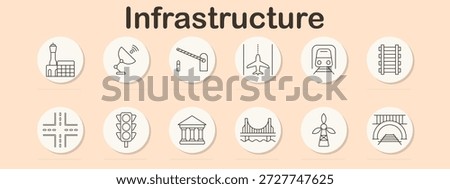 Infrastructure set icon. Tower, antenna, barrier, runway, train, rails, intersection, light, bank, bridge, turbine, tunnel. Transport, building, energy, road, structure, urban, traffic, access, system.