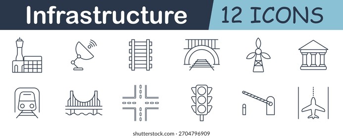 Ícone de conjunto de infraestrutura. Torre, satélite, ferrovia, ponte, turbina, banco, trem, cruzamento, semáforo, portão, avião.