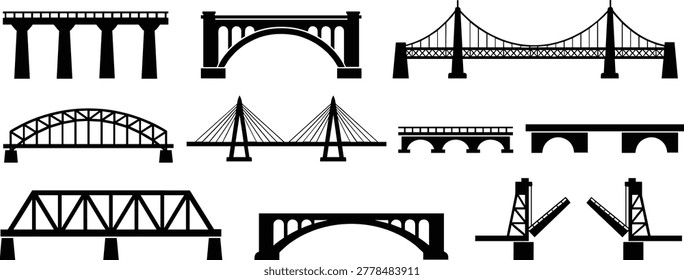 Infrastructure silhouettes featuring different types of bridges including suspension and arched designs.